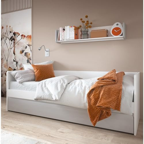 Lomadox Jugendzimmer Set Bett Liegefläche 90x200 cm mit Bettschublade Wandboard weiß grau