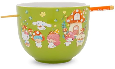 Silver Buffalo Sanrio Hello Kitty und seine Freunde Pilz-Crew-Keramik-Geschirr-Set, inkl. Ramen-Nudelschale und Essstäbchen aus Holz, asiatisches Essgeschirr-Set für Zuhause und Küche