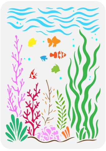 FINGERINSPIRE Wellen Meeresboden Malerei Große Schablone 21x29.7 cm PET Meeresleben Sprühen Vorlage Wasserpflanzen Clownfische Korallen Algen Kelp Muster Schablone Sommer Ozean Thema Wandvorlage