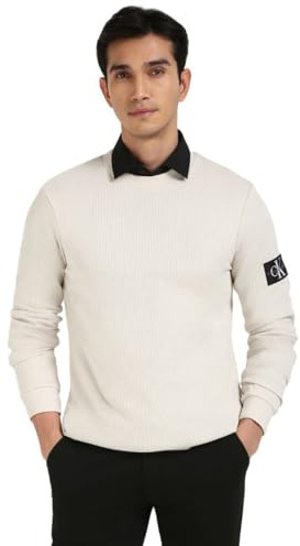 Calvin Klein Uomo Maglietta Maniche Lunghe Badge Waffle Cotone, Beige (Moonbeam), XS