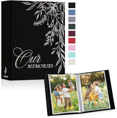 Lanpn Album Fotografico 10x15 100 Foto 2 Confezioni, OURMEMORIES Lino Piccolo Mini Album Foto Portafoto Verticale Tascabile Tasche Tasca Nero