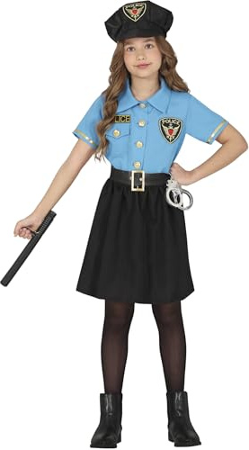 FIESTAS GUIRCA Déguisement de policier élégant pour fille - Uniforme de police bleu clair avec robe et bonnet de police - Pour filles de 7 à 9 ans