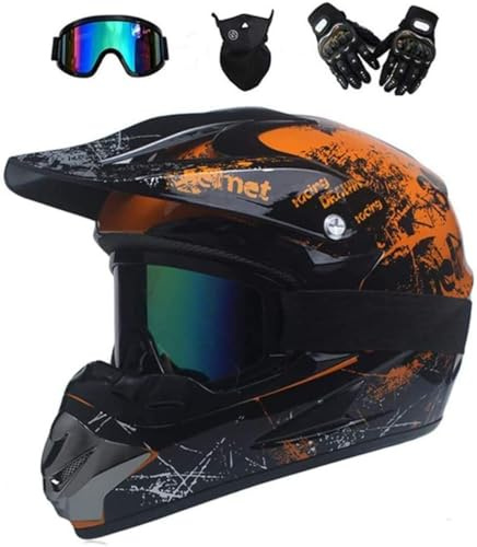 HKFBHFKM Casco Descenso Hombre, Adulto Casco Motocross MTB con Gafas/Máscara/Guantes, Casco Off Road ATV Scooter(Orange,XL (58-59cm))