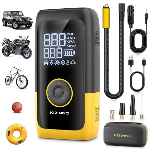 KIZINNO Tragbarer Luftkompressor, Reifenpumpe mit Manometer, Luftpumpe für Autoreifen, schnelles Aufpumpen, Feinabstimmungsmodus, kompakt, 45 W Schnellladung, passend für Auto, Motor, Fahrrad und Ball
