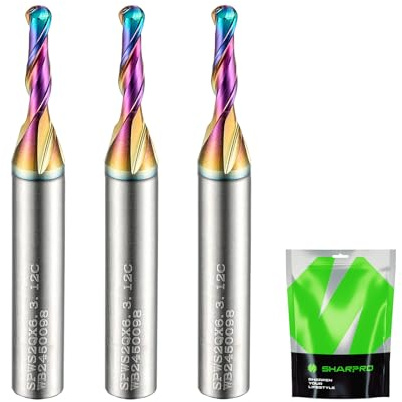 SHARPRO 1/8 Ball Nose CNC Router Bits 1/4 Inch Shank, Carbide Ballnose Up Cut Router Bit with Coated, End Mill for Wood, Aluminum, Engraving (3PCS)