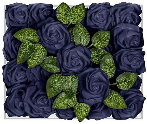 Petalscentusia Artificial Navy Blue Roses-25 pcs Fake Roses with Stems and 18 Leaves-Foam Latex Roses for Wedding Bouquets, Valentine's Day, Home Décor and Party Decorations