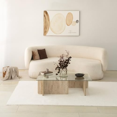 Hanah Home Élégante Table à café, Travertine, 105 x 30 x 65 cm, Dessus en 100% Verre et Panneau en Particules de mélamine, Design élégant en marbre pour espaces de Vie Modernes