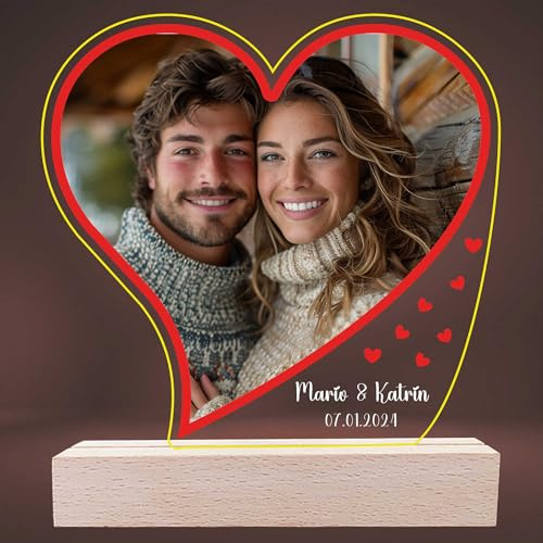 INDIGOS UG - LED Lampe personalisiert - Herz Herzchen - mit Foto & Wunschtext - individuell selbst gestalten - Geschenk - Valentinstag - Acrylglas 14x14 cm - optionale Lampe warmweiss