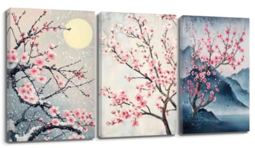 ZQQART Kirschblütenbäume Vollmond Bilder für die Wand 3 PCS Rosa Kirschblüte Leinwanddrucke Naturlandschaft Japanische Wanddekoration (Rosa,30x40cmx3)