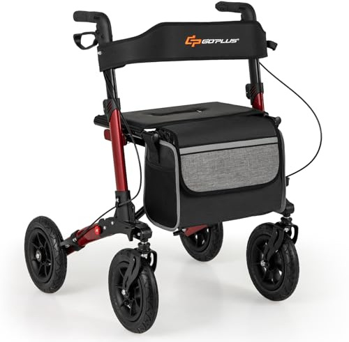 GOPLUS Andador para Ancianos de 4 Ruedas, Andadores Ancianos con Freno, Altura Ajustable, Respaldo Ergonómico, Ayuda para Caminar, Almacenaje para Personas Mayores, Carga de 140 kg (Rojo)