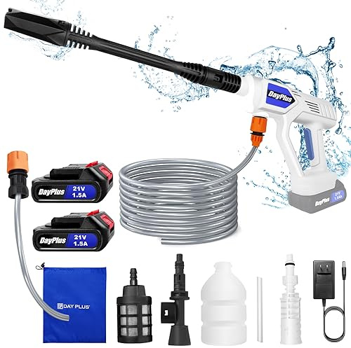 Pulitore ad alta pressione, max 45 bar, idropulitrice portatile a batteria, 6 in 1, con 2 batterie e caricatore rapido per auto e giardino