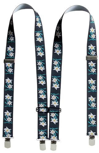 Scinzene Hosenträger mit schwarzem Edelweiß-Muster für Männer bei Oktoberfest und Trachten-Events - Robuste und elastische Trachten Accessoires Herren, längenverstellbar und rutschfest für Fasching