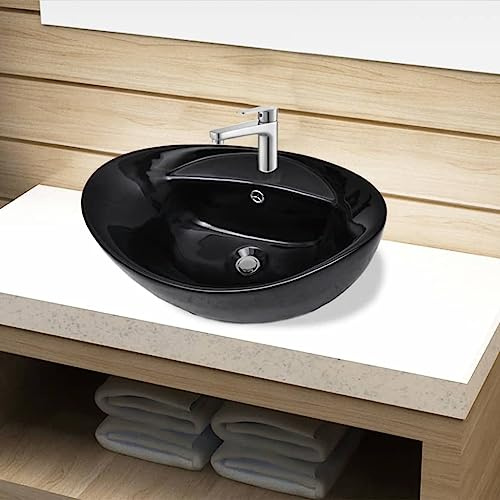 Vasque À Poser Salle De Bain with Céramique, Design Moderne, Équipée D'un Trop-Plein, Lavabo Salle De Bain, Lave Main, Pour Meuble Vasque Salle De Bain, Noir, 585 x 390 x 210 mm