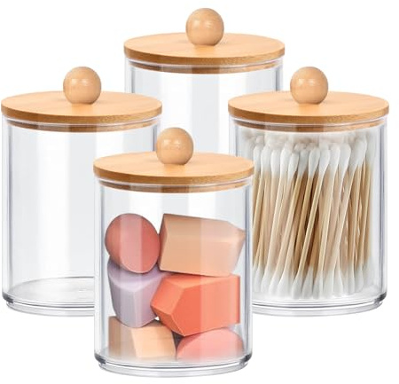 4PCS Cotton Bud Holder with Lids, 10 Oz Clear Acrylic Bathroom Jars
