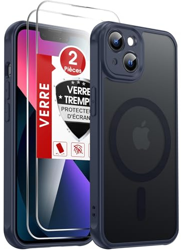 LeYi Funda para iPhone 13 Compatible con MagSafe Magnética, con 2× Cristal Templado, Carcasa Translúcido Esmerilado Grado Militar Antigolpes Case, Azul