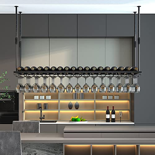DUANHOZ Portabottiglie sospeso con portabicchieri e ripiano a soffitto, portabicchieri Regolabile, portabottiglie da Vino Industriale sospeso, calici da Champagne, portabicchier