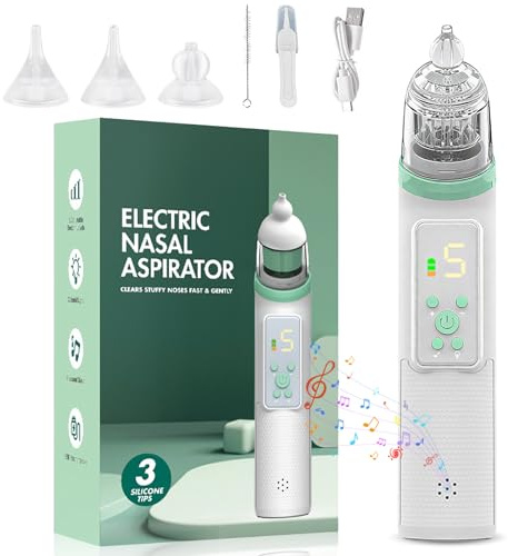 Aspiratore nasale elettrico per bambini, ricaricabile, con 5 livelli di aspirazione, 3 ugelli in silicone, aspirazione delicata per neonati e neonati