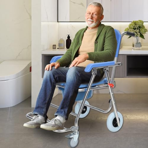 Somerway Bedside Commode, Commode Toilet Chair, Shower Chair with Wheels, Folding Waterproof Rolling Toilet Chair with Arm & Backrest, for Elderly and Disabled (Blue)