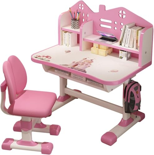 Zucebos Kids Study Desk and Chair Set, Adjustable Height Student Workstation with Storage Drawer, Ergonomic Children School Table for Better Posture, Cartoon Style for Boys and Girls (Pink)