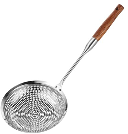 Colador de araña, cuchara espumadera de acero inoxidable con mango largo de madera de pera, utensilio de cocina multiusos para cocinar, escurrir, freír, cuchara coladora