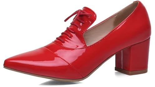 Snörningspump, spetsig tå, blockklack, lackläder, för affärer och speciella tillfällen, mellanklack, Oxford-stil, elegant komfort, Färg: röd, 37 EU
