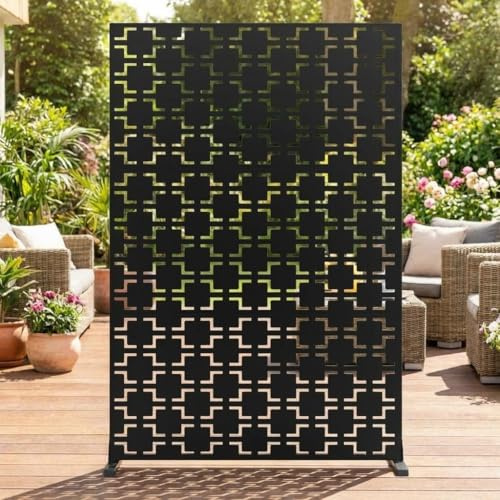 Niwugady Metall Sichtschutzzaun für Garten, Terrasse & Balkon – Freistehendes Zaunpanel, 183x120 cm – Wetterfest, Mit Standfuß – Dekorative Outdoor Sichtschutzwand – Schwarz Geometrisch