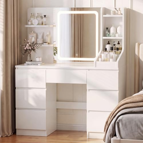 JUMMICO Grande Coiffeuse avec Miroir LED, Luminosité Réglable, Table de Maquillage avec 4 Étagères et 7 Tiroirs, Meuble pour Chambre Moderne