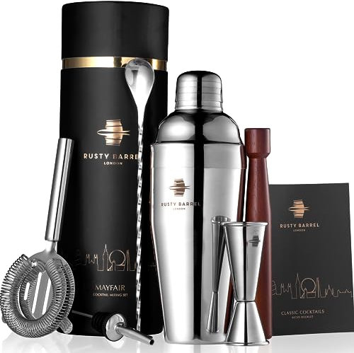 Rusty Barrel Mayfair Cocktail Set – Cocktail Shaker Set aus Edelstahl mit Barzubehör | Professionelles Cocktail Mix Set in Luxuriöser Geschenkbox
