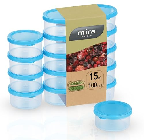 MiraHome Gefrierdosen Set 15x0,1L Durchsichtig Blau – Perfekt in der Küche zur Aufbewahrung & Organisation für Lebensmittel – Vorratsdosen mit Deckel Luftdicht – Austrian Quality