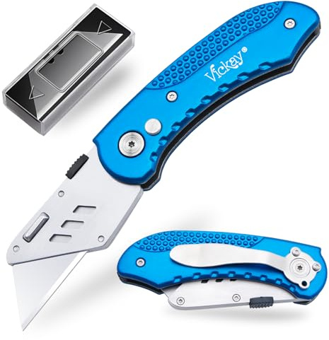 Vickay Folding Utility Knife Heavy Duty Box Cutter with 5 SK5 Quick Change Blades, Safety Axis Lock Design Razor Knife, Lightweight Aluminum Body Belt Clip for Office