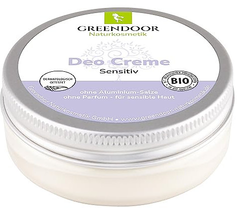 GREENDOOR Deo Creme Sensitiv 50ml, wirksames natürliches Deodorant ohne Parfum und ohne Aluminium, vegan, Tiegel aus 100% Altkunststoff, mit Bio Kokosöl virgin, Bio Kakaobutter virgin, ohne Allergene