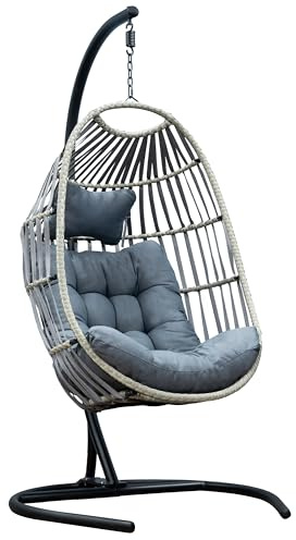 SH&G Hanging Egg Chair with Stand & Cushion Set - All-Weather Grey Rattan Garden Swing Chair - Weather Resistant Steel Frame - Indoor & Outdoor