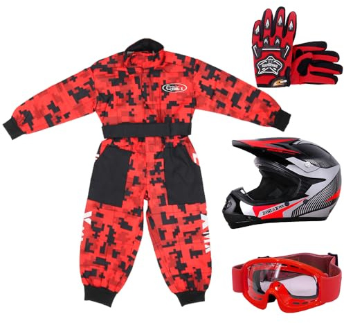 Zorax M(7-8 Years) Kids Camo Suit & Gloves M(6cm) & Goggles & ZOR-X19 Red M (51-52cm) Predator Motocross Helmet Ece 2206