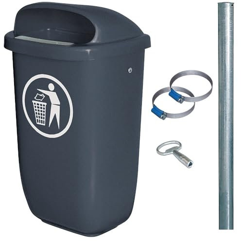 BRB Abfallbehälter für den Außenbereich, Inhalt 50 Liter, nach DIN 30713, im Komplettset mit verzinktem Rohrpfosten und Schellen (anthrazit)
