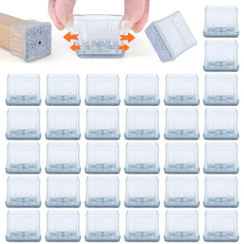 VABNEER - Lote de 16 Protectores de pie de Silla, Silicona Transparente Cuadrada con Almohadillas de Fieltro y Junta de Metal, para Suelos de Madera Dura (Cuadrado 24-29 mm)