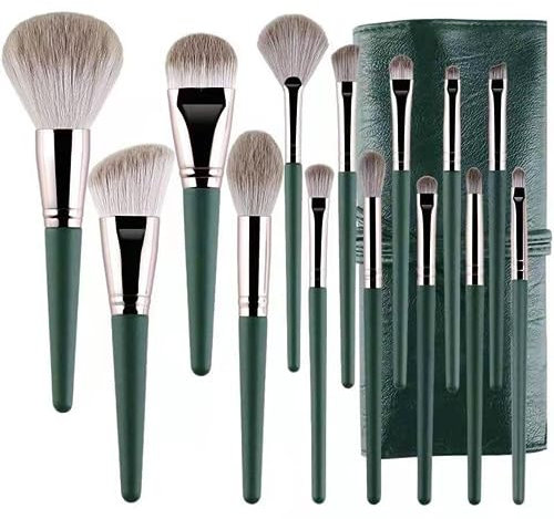 Juegos de Pinceles de Maquillaje, Profesional de 14 Pinceles Suaves y Densos con Estuche Verde para Guardarlos y Protegerlos, para Correctores de Rubor en Polvo, Contorneado y Resaltado