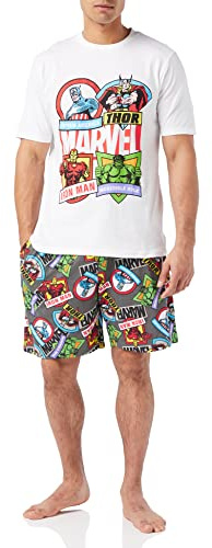 Marvel Pigiama da uomo, maglietta e pantaloncini, set pigiama da uomo, incredibile Hulk, Capitan America, Spiderman, Iron Man, merchandising ufficiale, regalo per uomo, bianco, XL
