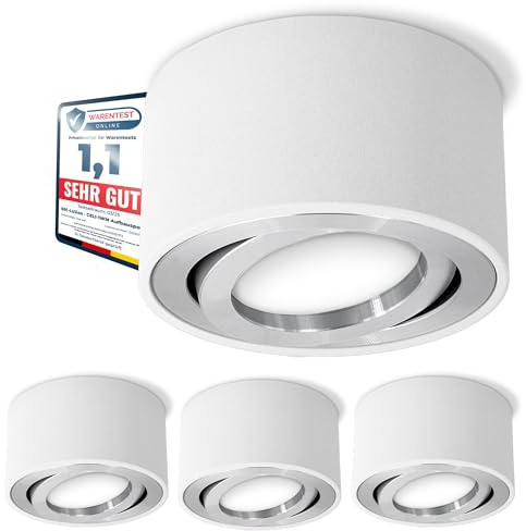 SSC-LUXon CELI-1W Aufbauspot 4 Stück weiß schwenkbar | Vier flache Aufbaustrahler weiß rund für Wohnzimmer, Flur & Küche - 30° schwenkbar, nur 50mm hoch, für LED-Modul (ohne Lampe)