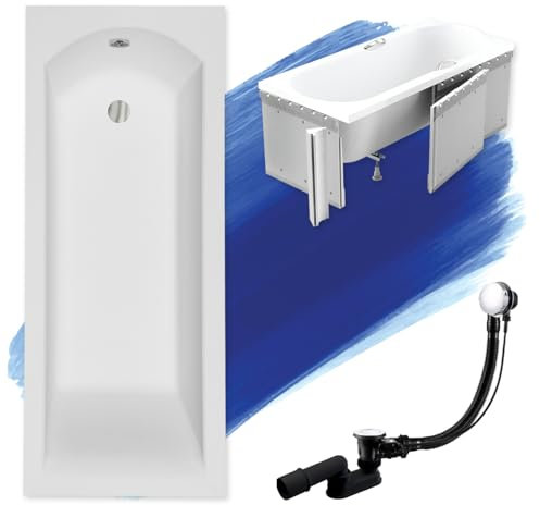 BADLAND Badewanne Original Weiß Acryl Wanne Rechteck SHEA SLIM 140x70 KOMPLETTSET SET mit Premium Styroporverkleidung + Füßen und Exklusive Chrom Automatik Ablaufgarnitur Made in EU 4in1