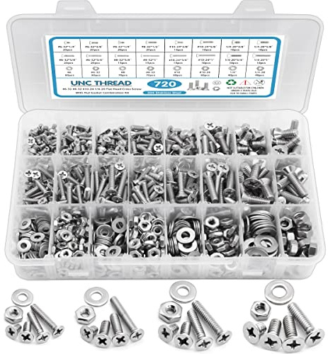 720Pcs Nuts and Bolts Assortment Kit, Machine Screws,SATANTECH #6-32#8-32#10-24#1/4-20 Stainless Steel Screws Set, Phillips Flat Head 16 SAE Sizes Assorted Nuts Bolts Washers with Labeled Case