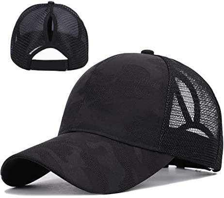 Damen Mesh Baseballmütze, Baumwolle Pferdeschwanzmütze, verstellbare Hip Hop Camouflage Mützen, Sportmütze mit Zöpfen Loch Schleife Hut