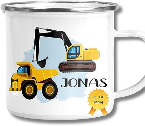 Emaille Tasse Kinder - Personalisierte Kindergarten Tasse für Jungen Mit Bagger - Kindertasse als Geschenk