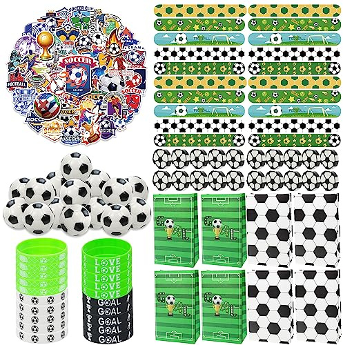 Fußball Party Favors 150Pcs Fußball-Party-Zubehör Fußball-Armbänder Fußball Aufkleber Mini-Fußbälle Slap Armbänder Fußball-Thema Geschenk-Taschen Fußball Radiergummis, Geschenke für Studenten, Kinder