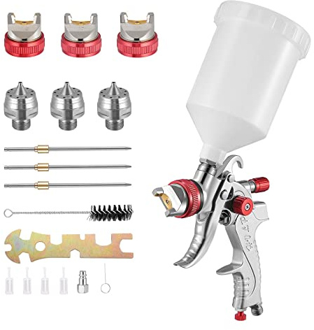 Yontwe HVLP Professionnel 600cc avec 3 Buses 1,4mm 1,7mm 2,0mm, Pistolet à Pulvérisation à Alimentation par Gravité avec régulateur d'air