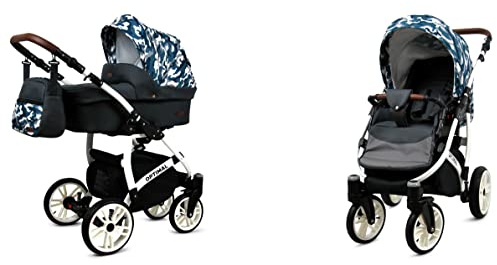BabyLux Optimal 2-in-1 Baby Kinderwagen Tief und Kinderwagen mit Zubehör Verstellbar und faltbar Aluminium Konstruktion Wasserdicht Nicht abnehmbare Räder Light Pink White Frame