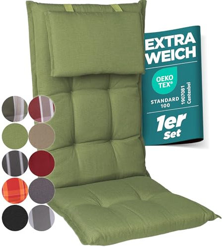 gardisun Gartenstuhlauflagen Hochlehner mit Kopfteil I Extra Dicke Sitzauflagen I Made in Europe I Ideale Polsterauflagen für Hochlehner I Auflagen mit extra hoher Lichtechtheit I 1er Set I Grün