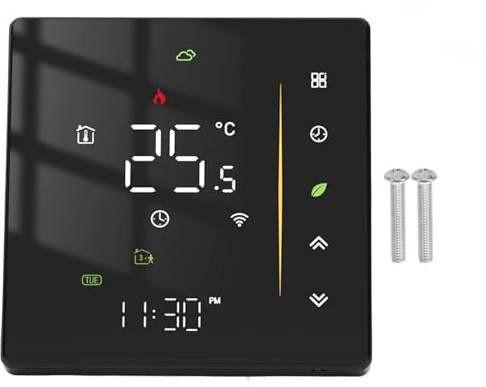 Termostato Inteligente, Termostato WiFi Controlador de Temperatura Programable Inteligente para Calefacción de Caldera 95-240 V Negro, Controles | Control remoto desde móvil, ahorro de energía del 20%, compatible con asistentes de voz, instalación fácil
