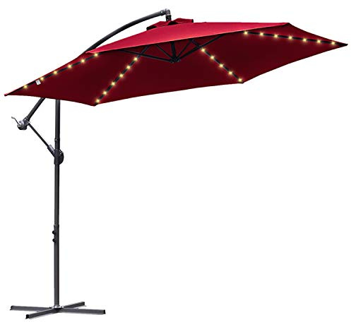 Eulenke Sonnenschirm LED Solar 300 cm, Ampelschirm mit Ständer und Kurbel, 6 Stahlverstrebungen, Neigungswinkel und Höhe verstellbar, Wasserabweisend und UV-Schutz Gartenschirm, Rot