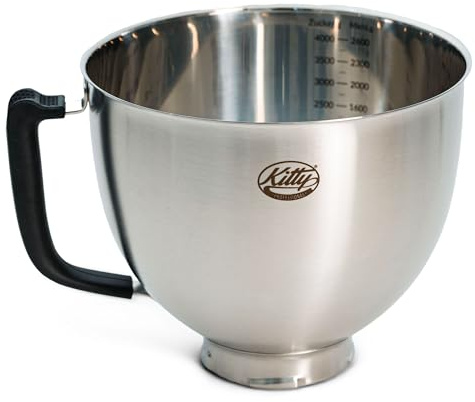 Kitty Professional Bol de Mélange en Acier Inoxydable – Compatible avec KitchenAid – 4,3 et 4,8 l – Avec Échelles de Mesure – Passe au Lave-Vaisselle (acier brossé)
