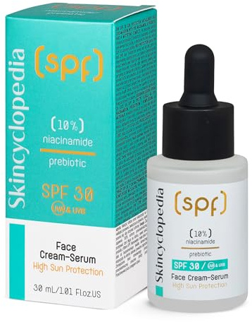 Skincyclopedia Sonnenschutz Gesichtsserum LSF 30, Anti Pickel Serum mit 10% Niacinamide, Face Sun Protection with SPF 30, UVA und UVB, Sonnenschutz mit hohem Breitspektrumschutz, 30ml